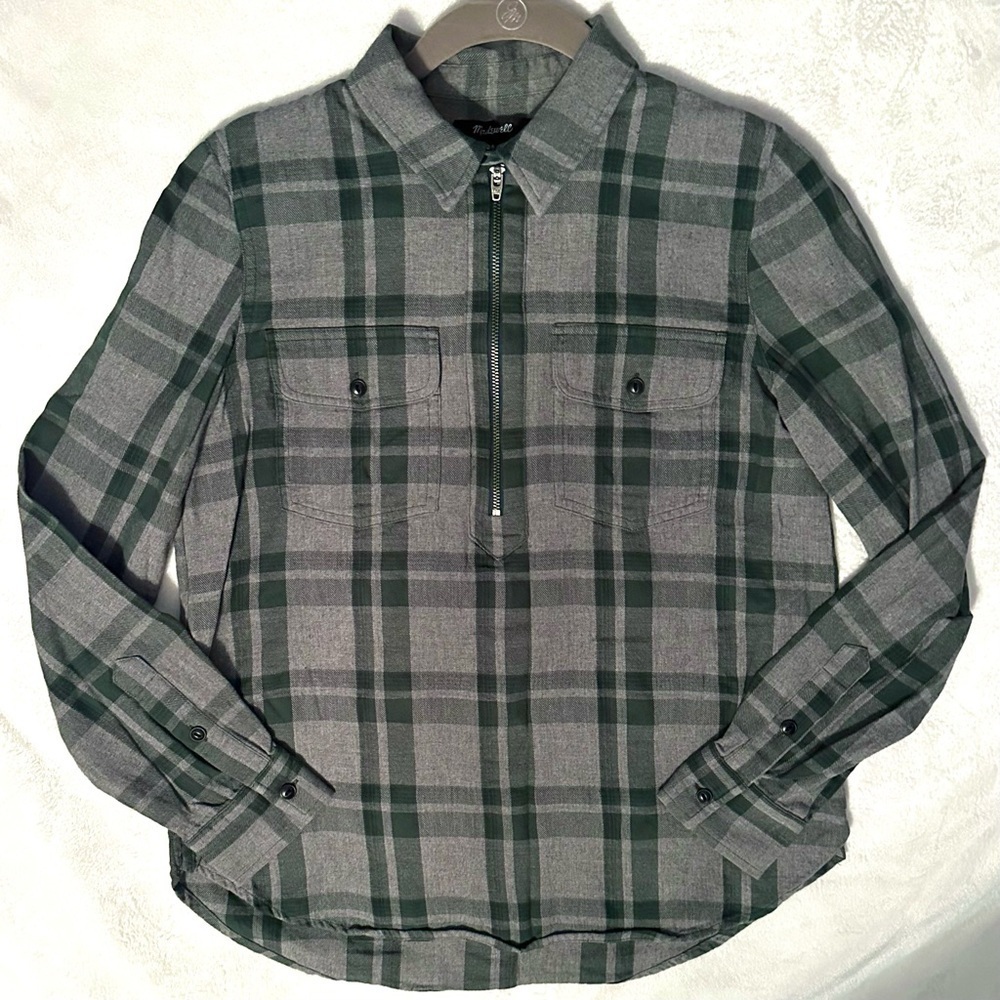 Madewell Gray Green Plaid Long Slv Pocket Zip Front Flannel Popover Shirt Top S